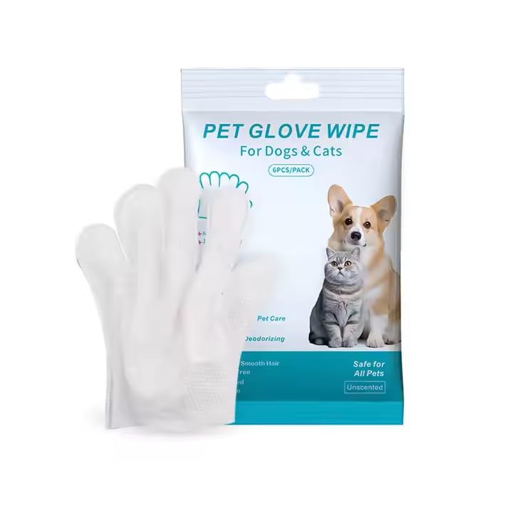 PETZ R US Pet Grooming Glove Wipes for Cats & Dogs - Deodorant, Antibacterial, Long Lasting Fragrance, Hypoallergenic, Non-Toxic Cleaning with Aloe Extract & Jojoba Oil - Rinse Free - Pack of 6 Pcs