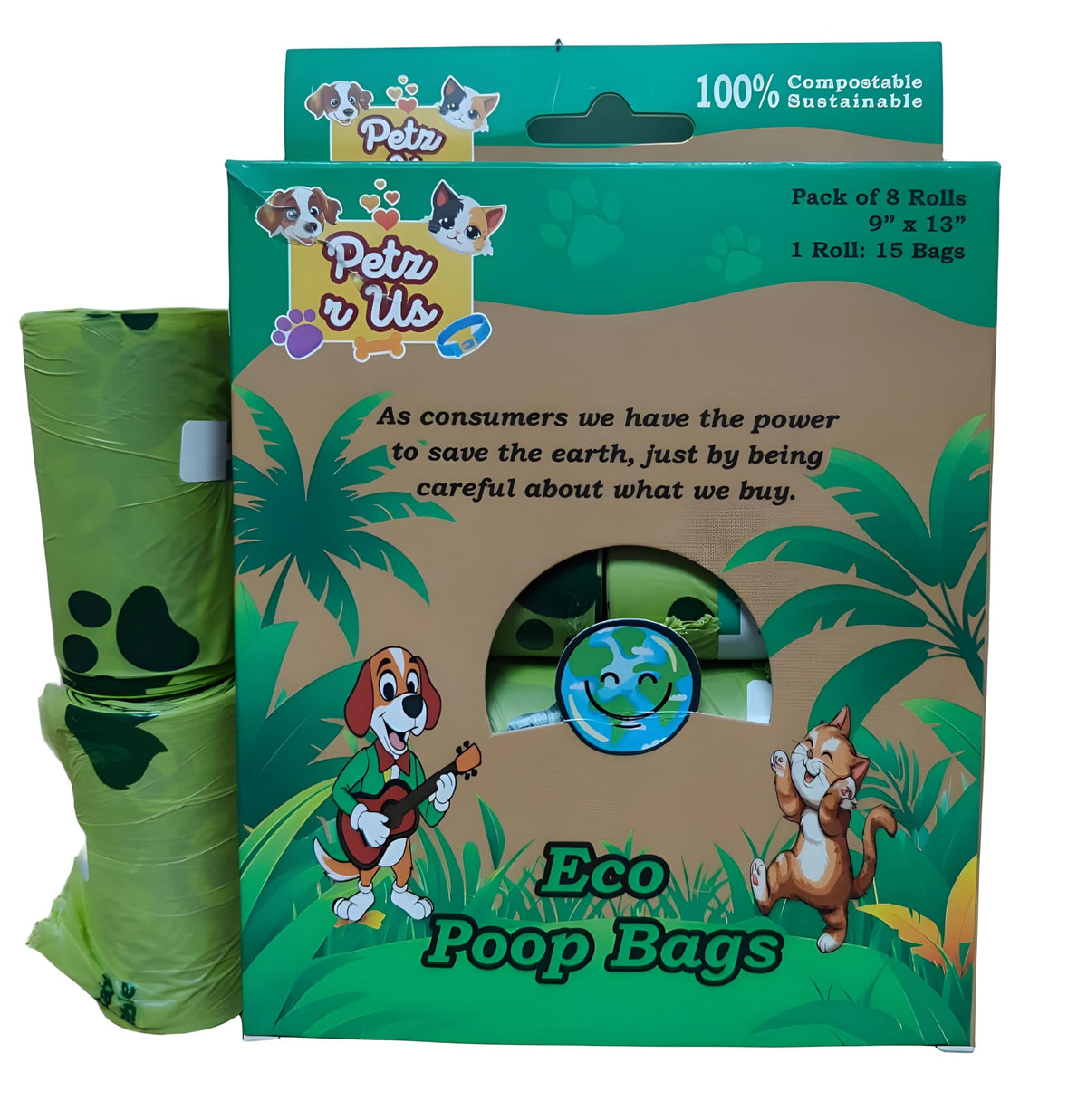 PETZ R US Compostable Biodegradable Eco Poop Bags for Dogs Ð Pack of 8 Rolls (120 Bags), Environmentally Friendly, Strong & Leak-Proof-Green